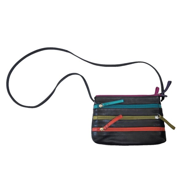 iLi New York Crossbody Bag Black Multi-Colored 3 Zipper Leather Y2K Purse - Picture 1 of 5
